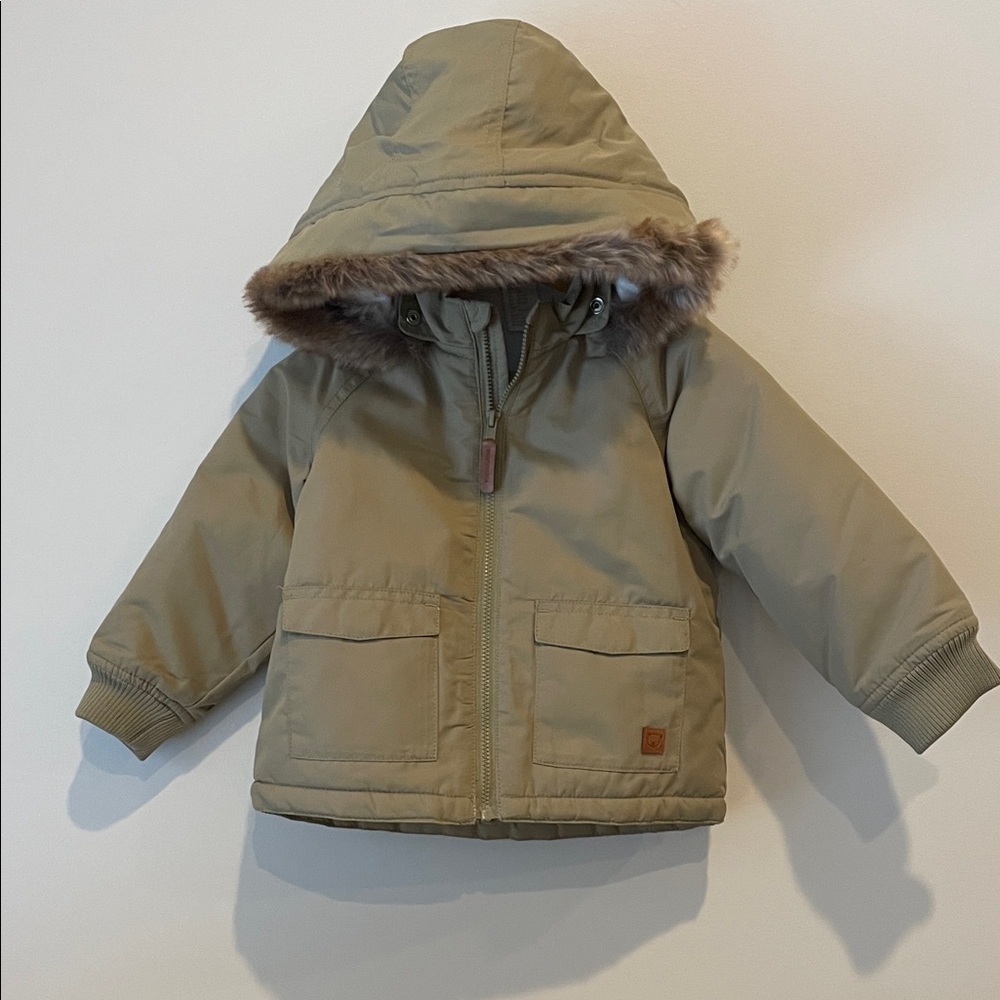 Tan Hooded Jacket with Faux Fur Trim for